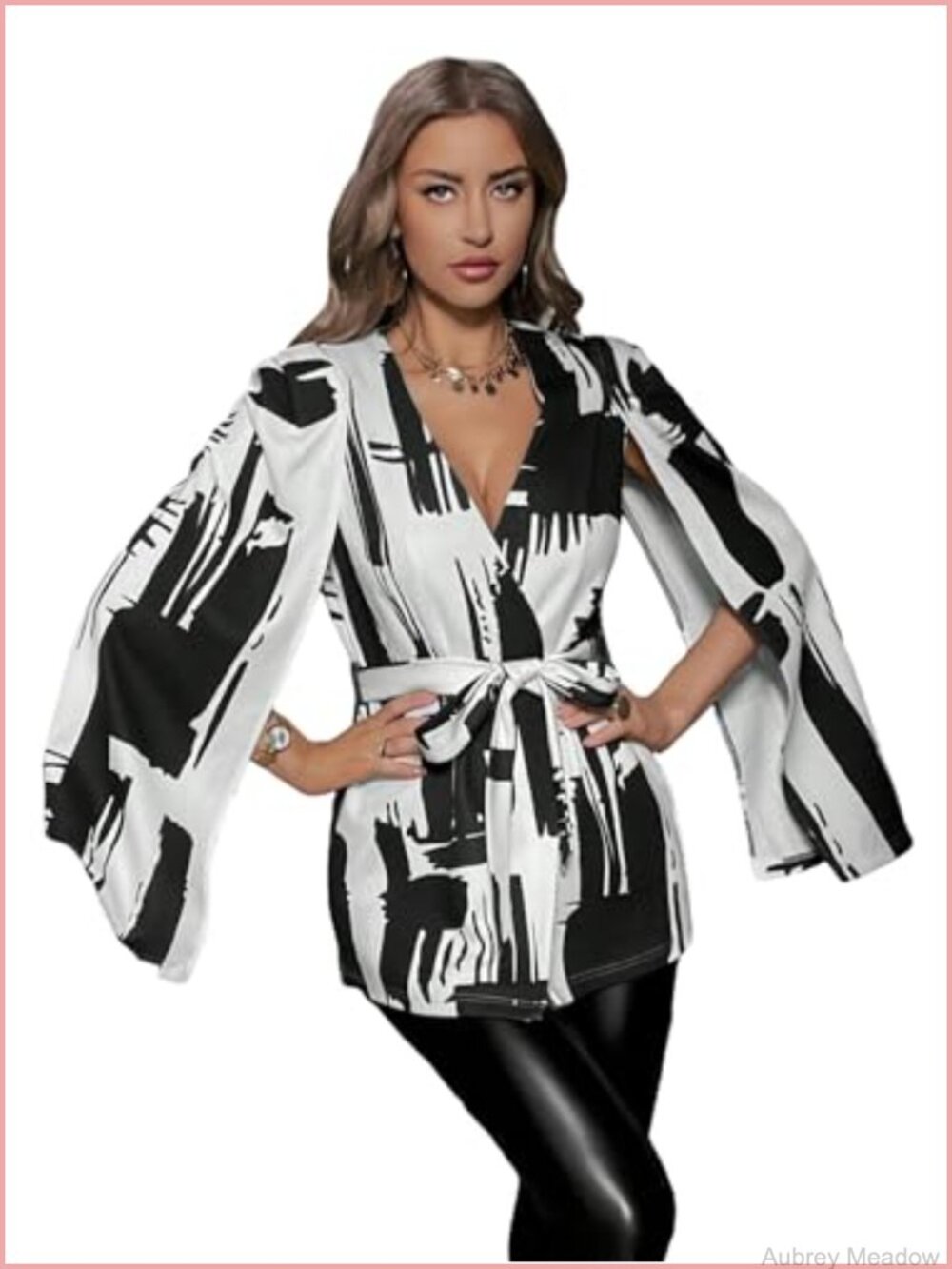All Over Printed Cloak Long Sleeve Belted V Neck Casual Work Blazer